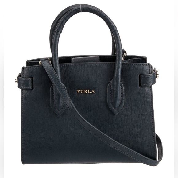 Furla Handbags - Furla Navy Structured Leather Satchel with Gold Logo
